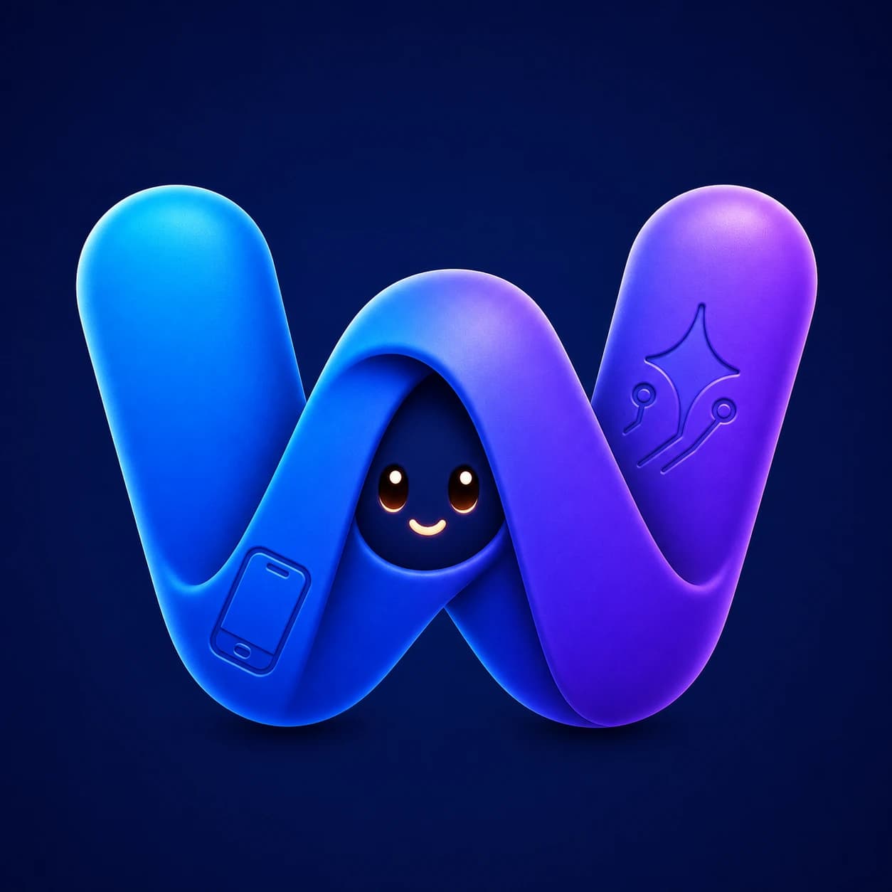 Wraplet W studio mascot with mobile and AI symbols